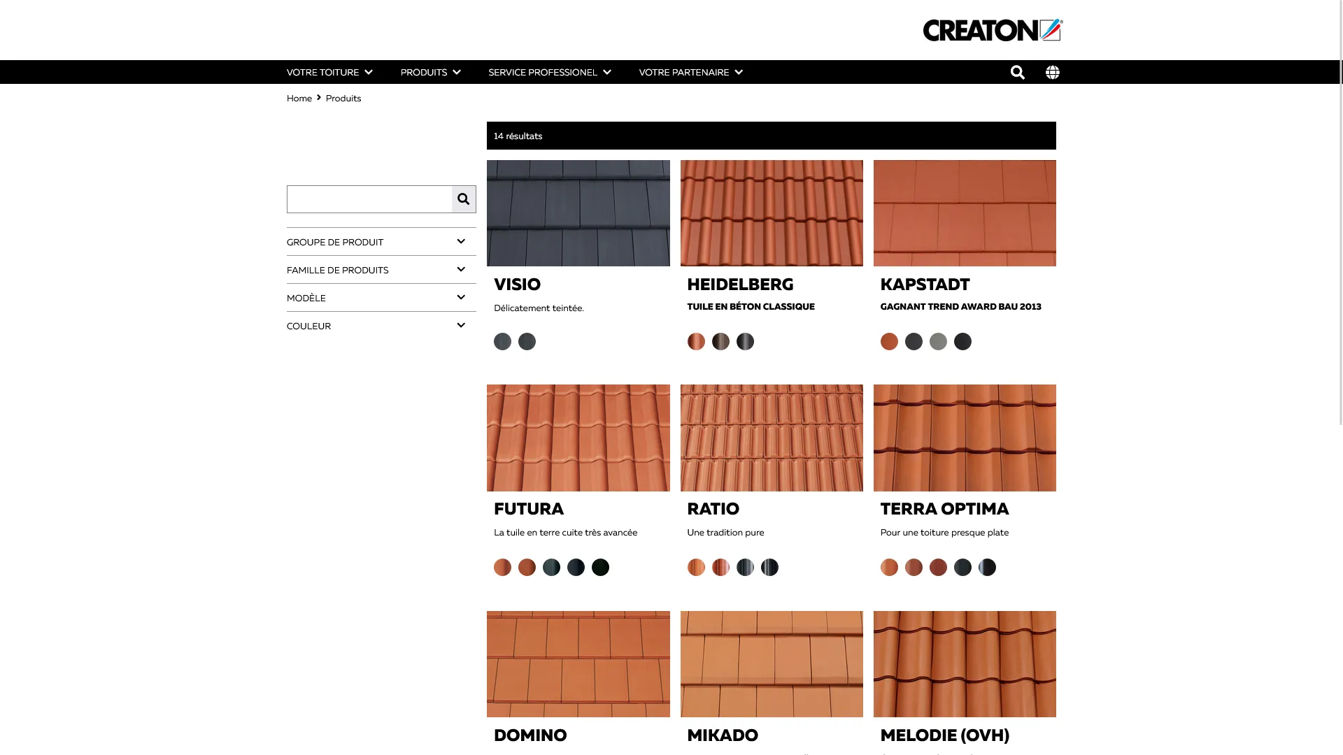 Capture d'écran du site web de CREATON avec vue sur les produits.