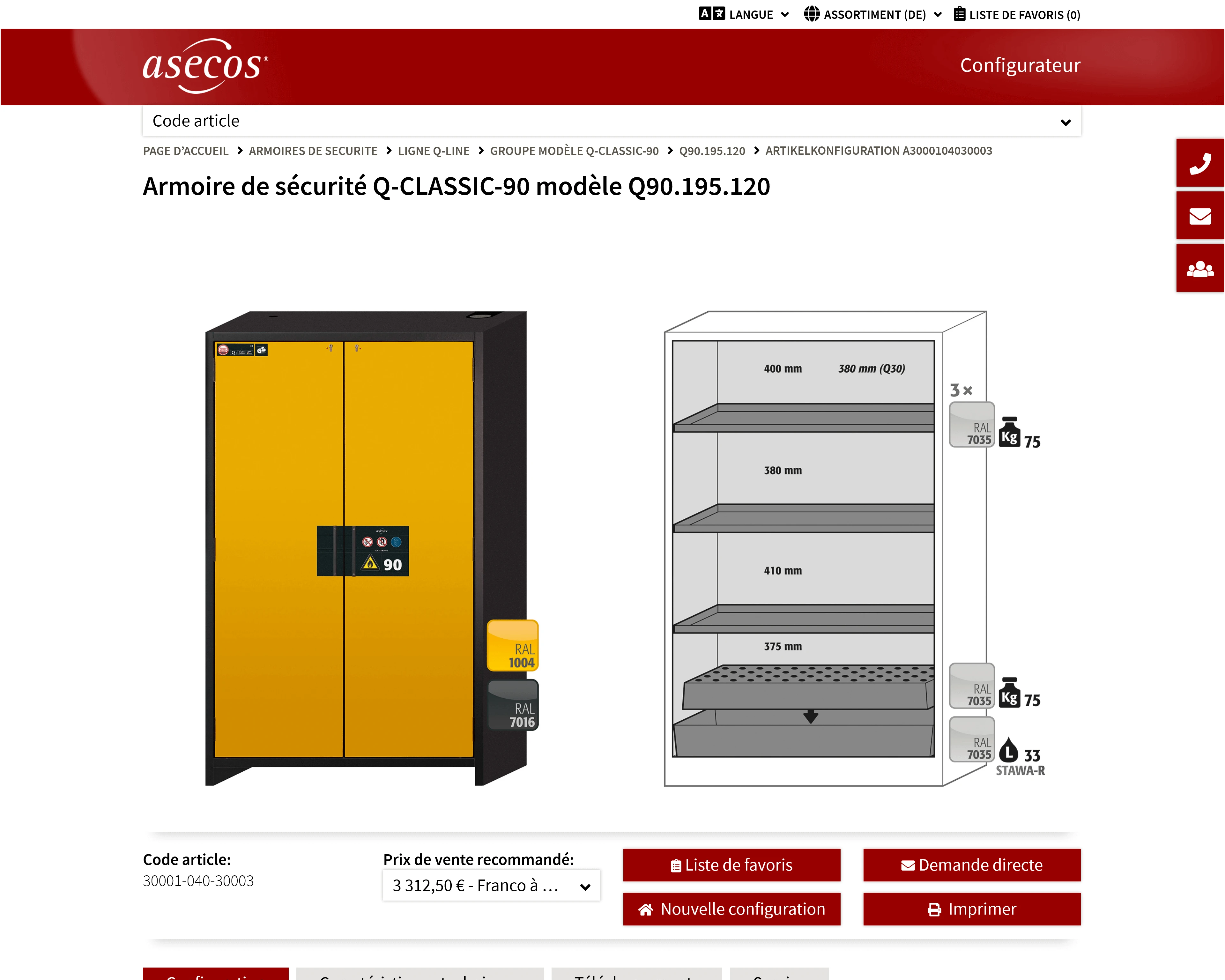 Capture d'écran du configurateur de produit en ligne d'asecos.