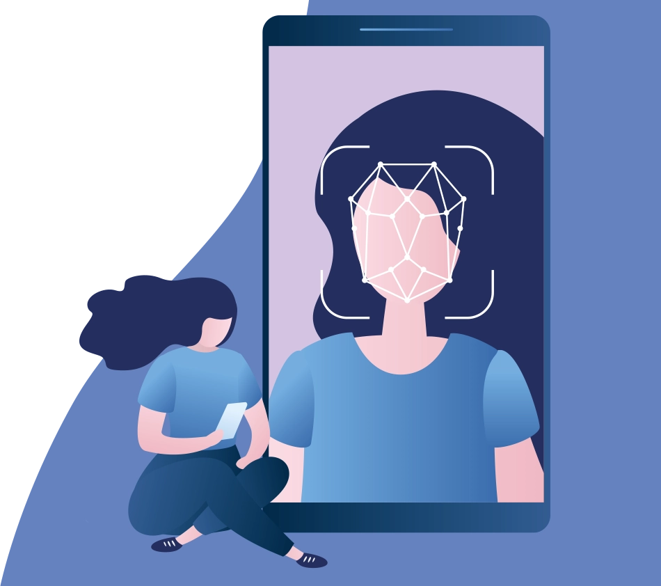 Illustration d'une personne tenant un smartphone doté d'un grand écran et d'un système de reconnaissance faciale, symbolisant l'identité numérique et l'image de marque moderne