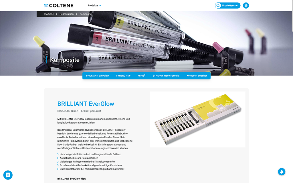 La capture d'écran montre un produit dans le catalogue en ligne de COLTENE dans la vue détaillée. Les informations produits affichées proviennent du système PIM crossbase chez COLTENE.