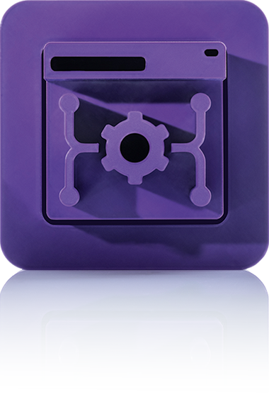 Le symbole est violet unicolore et représente une fenêtre stylisée avec quatre points reliés entre eux dans les coins, entourant une forme de roue dentée centrale. Il est représenté dans un carré aux coins arrondis. Cette icône représente le CMS headless de crossbase.