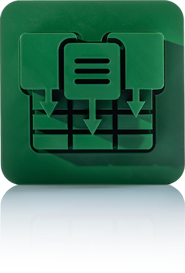 Le symbole est vert unicolore et montre deux symboles stylisés de tableau ou de catalogue avec une structure de lignes qui se chevauchent. Il est précédé d'une flèche qui indique une opération d'exportation. Il est représenté dans un carré aux coins arrondis. Cette icône représente le module d'exportation de données E-Catalogues de crossbase.