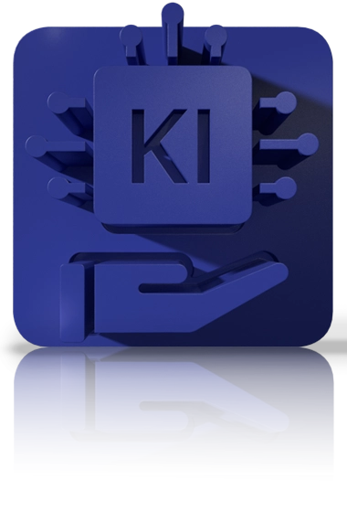 Icône bleue : puce électronique portant la mention « IA » et des pistes conductrices au-dessus d'une main ouverte – symbole du module d'IA et des fonctions d'IA.