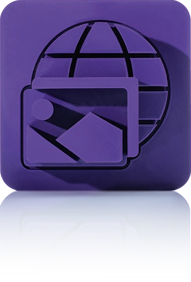 Le symbole est unicolore violet et montre deux éléments médiatiques décalés devant un globe stylisé avec des lignes de grille. Il est représenté dans un carré aux coins arrondis. Cette icône représente le service médias de crossbase.