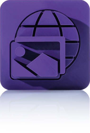 Le symbole est unicolore violet et montre deux éléments médiatiques décalés devant un globe stylisé avec des lignes de grille. Il est représenté dans un carré aux coins arrondis. Cette icône représente le service médias de crossbase.