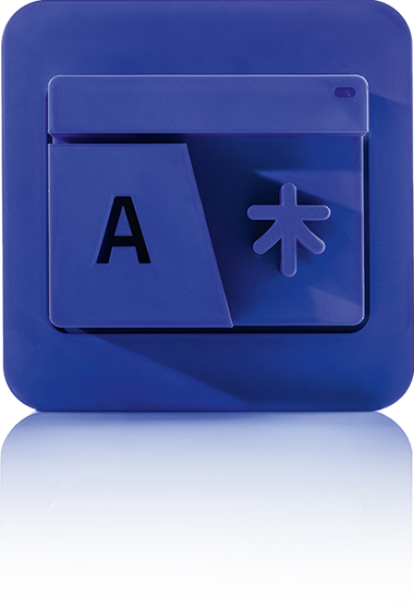 Le symbole est bleu unicolore et présente deux éléments de fiche qui se chevauchent. Sur celui de devant, on peut voir à gauche un grand