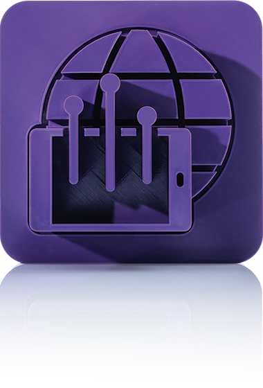 Le symbole est violet unicolore et représente un smartphone ou une tablette devant un globe stylisé avec des lignes de grille. Des lignes avec des points à l'extrémité s'élèvent de l'appareil mobile. Il est représenté dans un carré aux coins arrondis. Cette icône représente le module Applications mobiles de crossbase.
