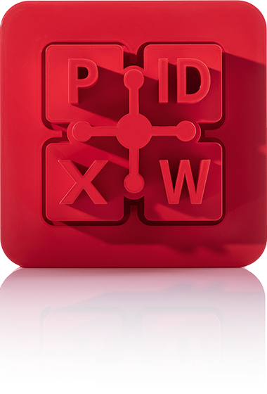 Le symbole est rouge unicolore et représente quatre carrés reliés entre eux par un lien central. Dans les carrés se trouvent les lettres « P », « D », « X » et « W », qui représentent les formats Office courants tels que PowerPoint, PDF, Excel et Word. L'icône se trouve dans un carré aux coins arrondis. Il symbolise la connexion Office de crossbase.