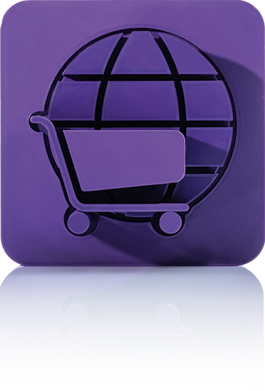 Le symbole est unicolore violet et représente un caddie devant un globe stylisé avec des lignes de grille. Il est représenté dans un carré aux coins arrondis. Cette icône représente le catalogue en ligne de crossbase.