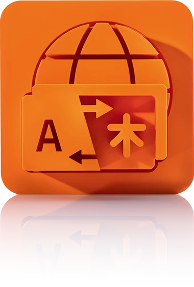 Le symbole est orange unicolore et représente un globe stylisé en arrière-plan. Au premier plan se trouve une fenêtre de traduction avec un grand « A » à gauche et un caractère asiatique à droite, reliés par une double flèche. Il est représenté dans un carré aux coins arrondis. Cette icône représente la traduction en ligne de crossbase.