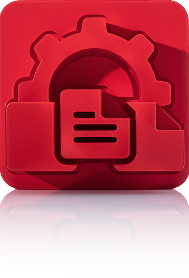 Le symbole est rouge unicolore et représente une roue dentée dans laquelle est intégré un document stylisé avec trois lignes horizontales. Le symbole se trouve dans un carré aux coins arrondis. Cette icône représente la publication print de crossbase.