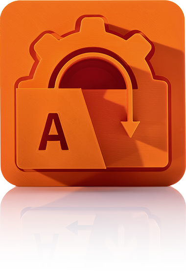 Le symbole est orange unicolore et représente une roue dentée dans laquelle une flèche s'enfonce de haut en bas. Au premier plan se trouve un grand « A ». Il est représenté dans un carré aux coins arrondis. Cette icône représente la gestion des traductions de crossbase.