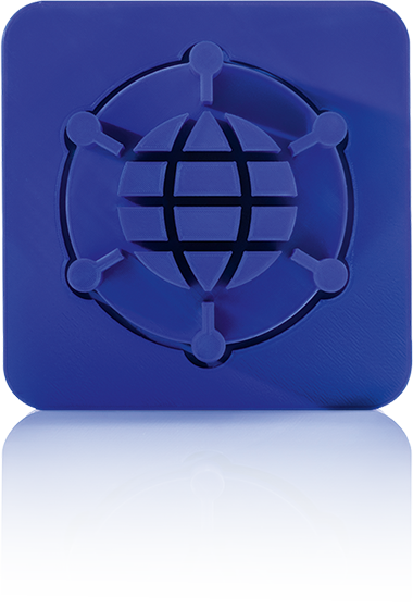 Le symbole est unicolore bleu et représente un globe stylisé avec un quadrillage de lignes de longitude et de latitude, entouré d'un réseau de six nœuds reliés dans un cercle. Elle se trouve dans un carré aux coins arrondis. Cette icône représente le serveur d'applications web de crossbase.