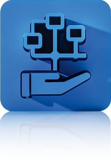Le symbole se compose d'un carré bleu aux coins arrondis et représente une paume de main stylisée portant un diagramme ramifié. Le diagramme se compose de quatre nœuds connectés sous la forme de petits rectangles disposés en arborescence par des lignes. Le symbole représente la gestion des workflows de crossbase.