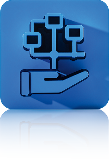 Le symbole se compose d'un carré bleu aux coins arrondis et représente une paume de main stylisée portant un diagramme ramifié. Le diagramme se compose de quatre nœuds connectés sous la forme de petits rectangles disposés en arborescence par des lignes. Le symbole représente la gestion des flux de travail de crossbase.