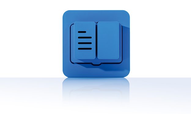 Le symbole se compose d'un carré bleu entouré de coins arrondis. On y trouve un livre stylisé ouvert avec des lignes sur le côté gauche. Il représente le Channel Output Management de crossbase.