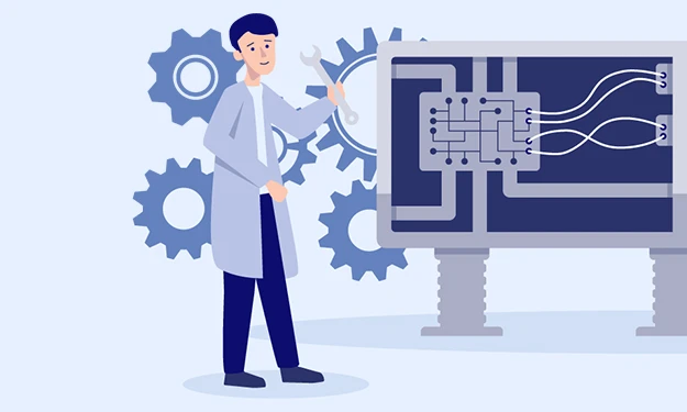 Illustration d'une personne aux cheveux foncés et en blouse de laboratoire tenant une clé à molette. En arrière-plan se trouvent plusieurs roues dentées. À droite de l'image, on peut voir un grand écran avec un circuit. Cette représentation symbolise le travail dans le secteur de la construction mécanique et de l'électrotechnique.