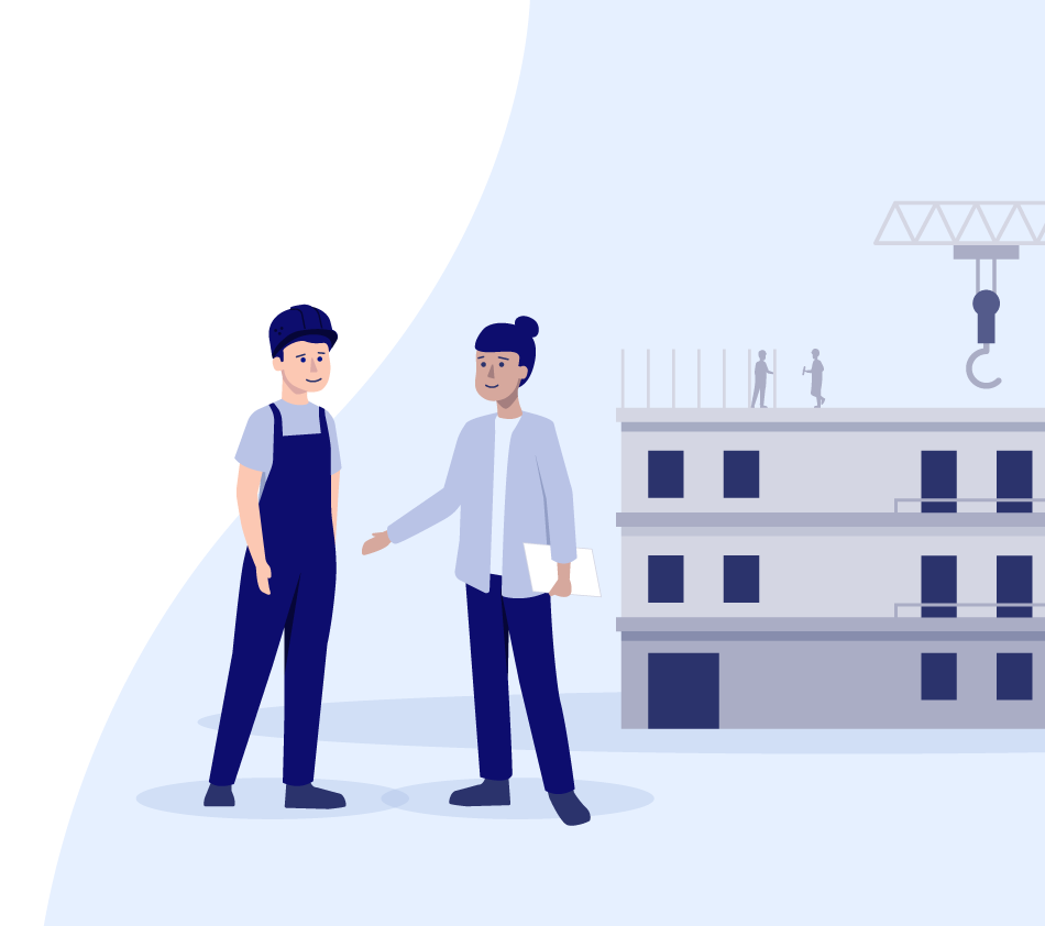 Illustration de deux personnes sur un chantier : à gauche, un ouvrier du bâtiment, à droite, une planificatrice avec un bloc-notes. En arrière-plan, on voit un bâtiment de plusieurs étages en cours de gros œuvre avec une grue de construction, d'autres personnes travaillent sur le toit. La scène symbolise la collaboration sur le chantier entre l'artisanat et la planification.