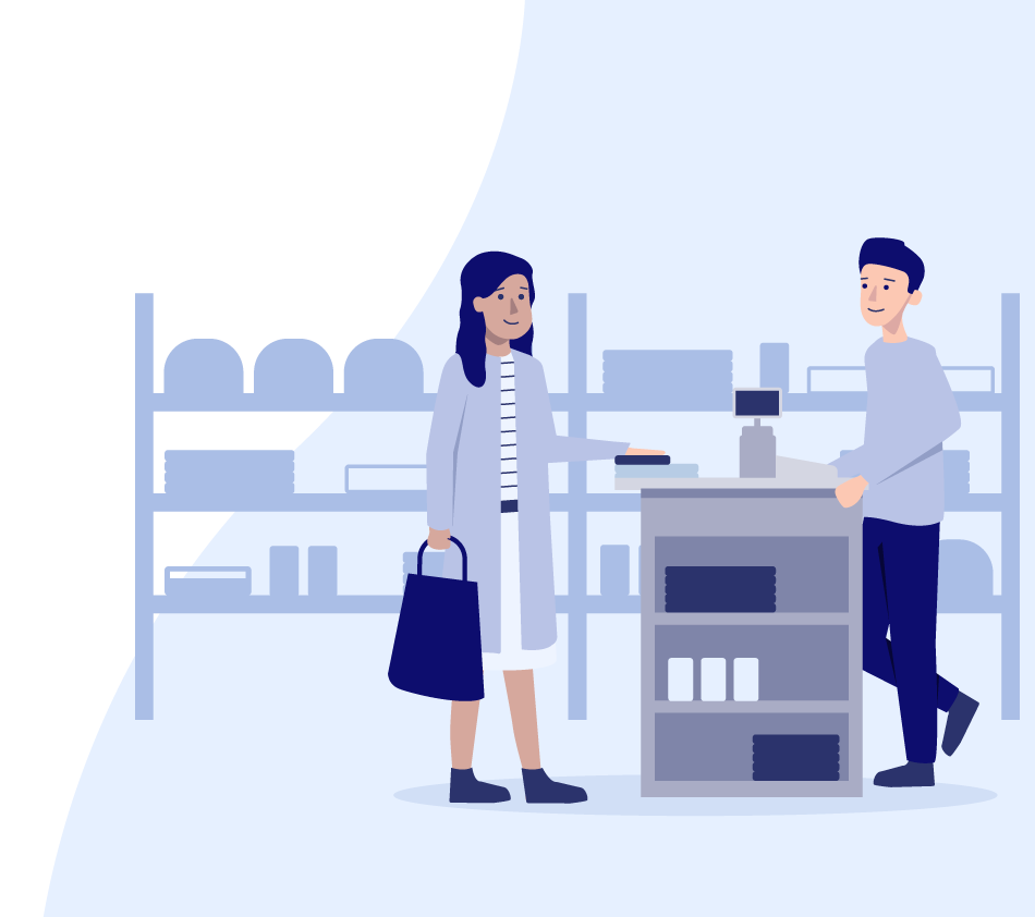 Illustration d'une scène de vente dans un magasin : une femme portant un sac à provisions se tient à un comptoir et parle à un vendeur. En arrière-plan, on peut voir des étagères avec des produits. La scène reproduit une expérience d'achat dans le commerce stationnaire et symbolise le secteur des biens de consommation.