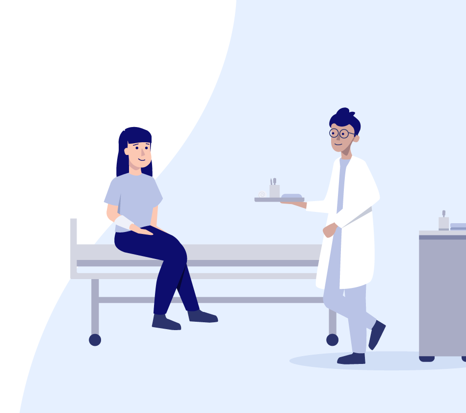 Illustration d'une scène médicale : une patiente est assise sur un lit d'hôpital, le bras bandé, et regarde vers la droite un médecin en blouse. Il porte un plateau avec des ustensiles. À sa droite se trouve un chariot médical avec des appareils. La scène symbolise le secteur de la technique médicale.