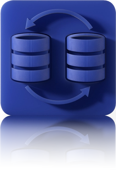 Le symbole est bleu unicolore et montre deux icônes de base de données stylisées avec trois barres superposées. Entre elles, deux flèches incurvées courent dans un cercle, représentant un échange mutuel de données. Elle est représentée dans un carré aux coins arrondis. Cette icône représente le module Data hub et moniteur de processus de crossbase.