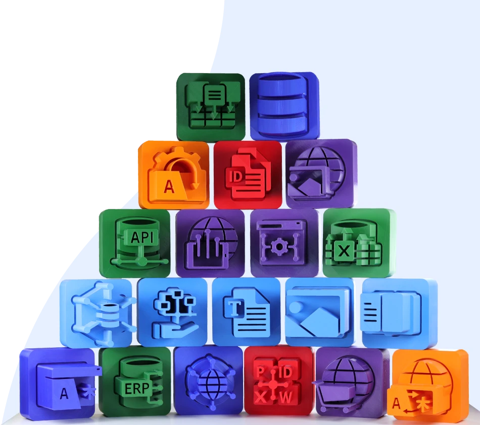 L'image montre une pyramide de cubes colorés, chacun avec des symboles différents. Les cubes sont empilés en cinq rangées, en commençant par une base large et en terminant par un seul cube au sommet. Chaque cube représente un module de la solution crossbase. Les couleurs des cubes varient et facilitent la distinction des thèmes.