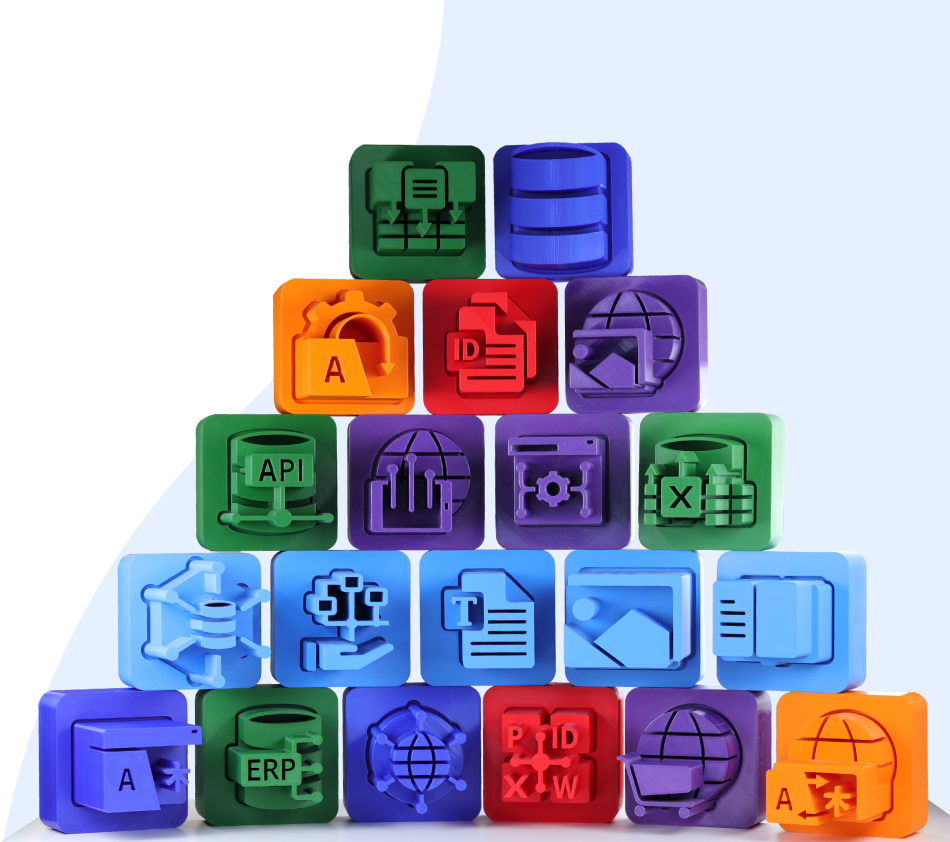 L'image montre une pyramide de cubes colorés, chacun avec des symboles différents. Les cubes sont empilés en cinq rangées, en commençant par une base large et en terminant par un seul cube au sommet. Chaque cube représente un module de la solution crossbase. Les couleurs des cubes varient et facilitent la distinction des thèmes.