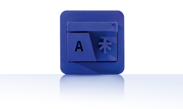 Le symbole est bleu unicolore et présente deux éléments de fiche qui se chevauchent. Sur celui de devant, on peut voir à gauche un grand