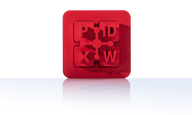 Le symbole est rouge unicolore et représente quatre carrés reliés entre eux par un lien central. Dans les carrés se trouvent les lettres « P », « D », « X » et « W », qui représentent les formats Office courants tels que PowerPoint, PDF, Excel et Word. L'icône se trouve dans un carré aux coins arrondis. Il symbolise la connexion Office de crossbase.
