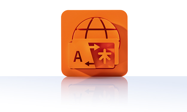 Le symbole est orange unicolore et représente un globe stylisé en arrière-plan. Au premier plan se trouve une fenêtre de traduction avec un grand « A » à gauche et un caractère asiatique à droite, reliés par une double flèche. Il est représenté dans un carré aux coins arrondis. Cette icône représente la traduction en ligne de crossbase.