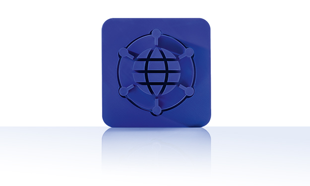 Le symbole est unicolore bleu et représente un globe stylisé avec un quadrillage de lignes de longitude et de latitude, entouré d'un réseau de six nœuds reliés dans un cercle. Elle se trouve dans un carré aux coins arrondis. Cette icône représente le serveur d'applications web de crossbase.