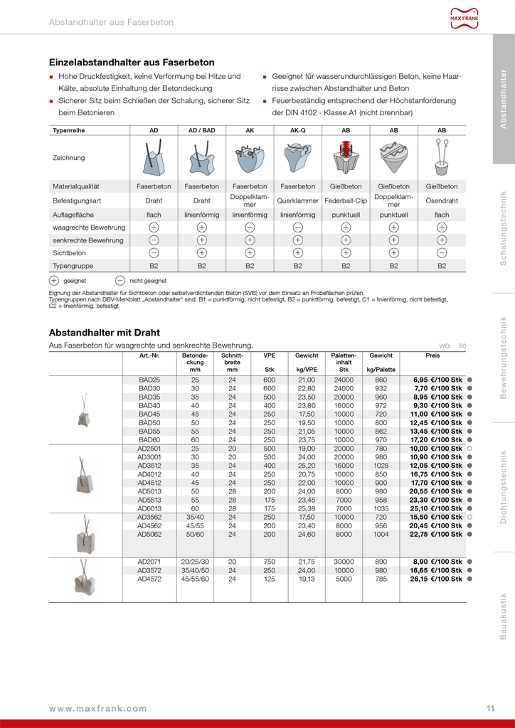 Page de la liste des prix MAX FRANK produite avec crossbase.