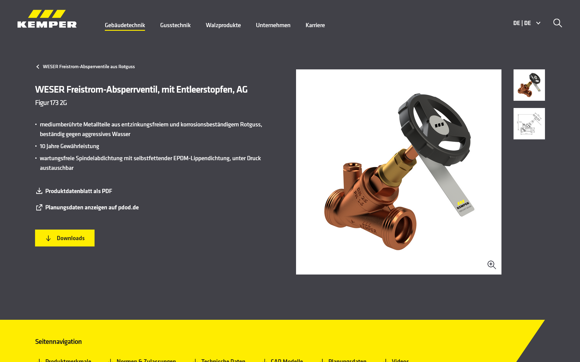 Sur l'image, on peut voir la vue du produit dans le catalogue en ligne de KEMPER. Il est ainsi possible de consulter des images, des graphiques et des données techniques sur le produit.