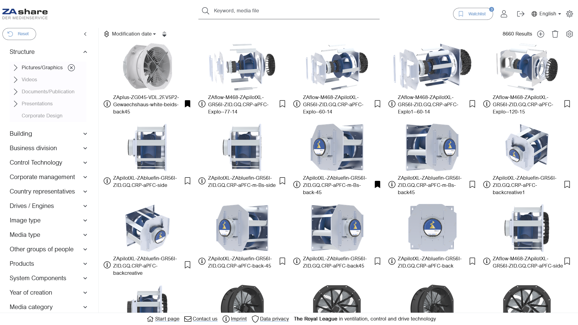Recherche effectuée dans le service médias de ZIEHL-ABEGG, qui affiche les résultats de la recherche sous forme de tuiles avec image.