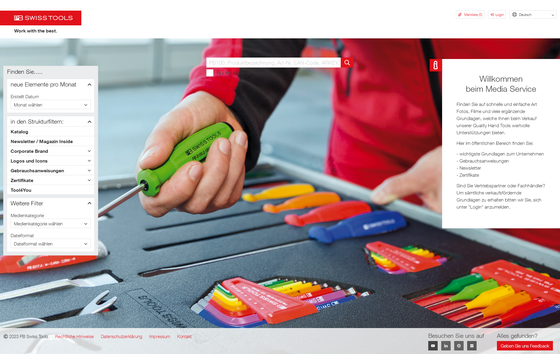 Capture d'écran de la page d'accueil du service médias de PB Swiss Tools.