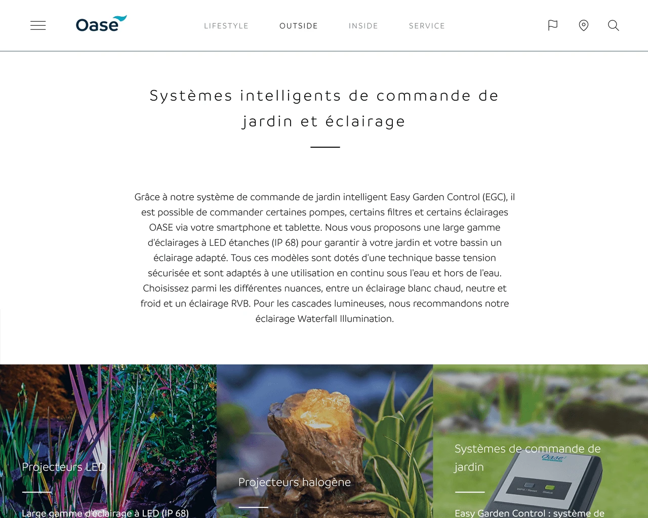 Capture d'écran du site web OASE avec les informations de produit de la base de données crossbase.