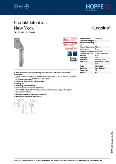 Fiche produit générée par HOPPE avec contenu en allemand.