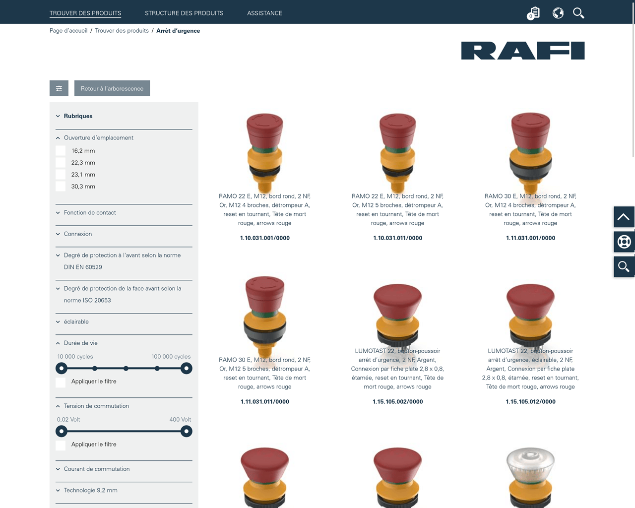 Capture d'écran du catalogue en ligne de RAFI avec une recherche limitée et des filtres.