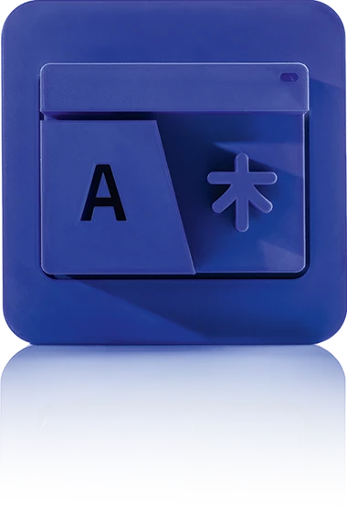 Le symbole est bleu unicolore et présente deux éléments de fiche qui se chevauchent. Sur celui de devant, on peut voir à gauche un grand 