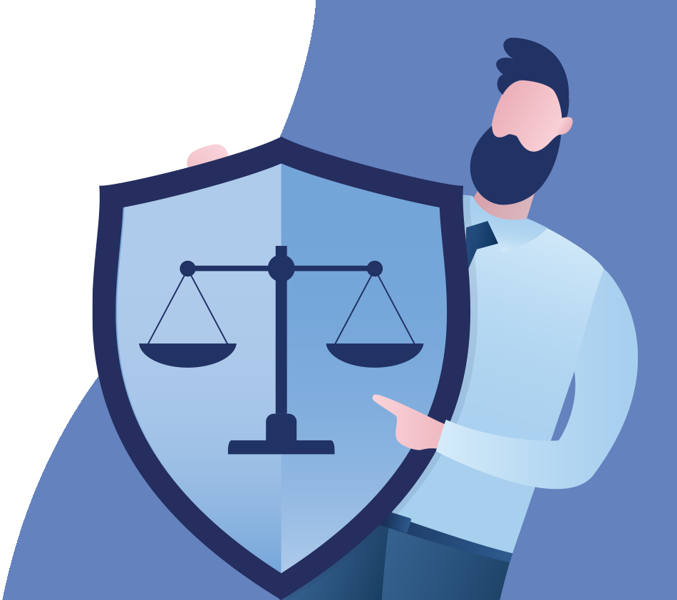 Une personne tient un bouclier sur lequel figure une balance, symbole des principes du code éthique de crossbase.