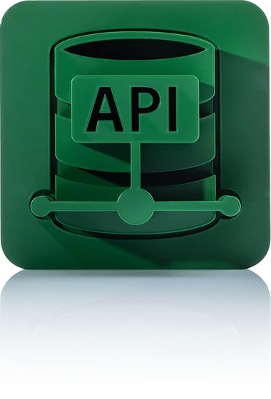 L'icône est verte unicolore et représente une base de données avec une étiquette sur laquelle est inscrit « API ». La représentation est stylisée et se trouve dans un carré aux coins arrondis. Cette icône représente le serveur API de crossbase.