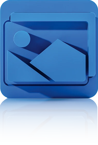 Le symbole est bleu unicolore et se compose d'un carré environnant aux coins arrondis. On y trouve un rectangle avec deux montagnes stylisées en bas et un soleil au-dessus. Ce symbole représente le module Digital Asset Management de crossbase.