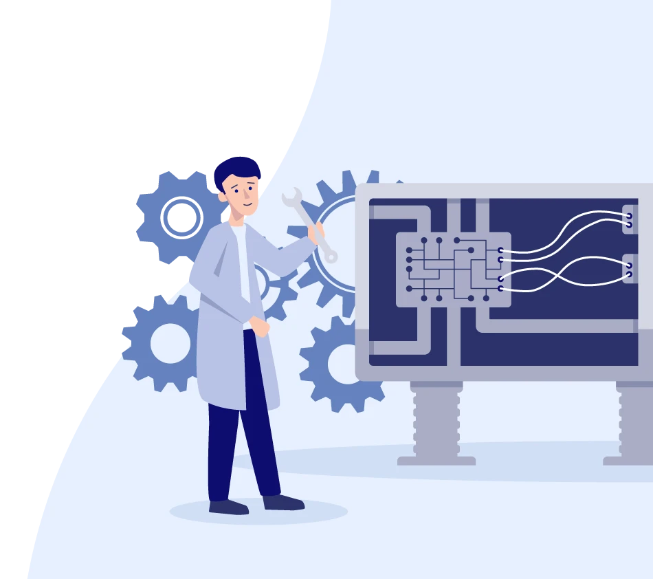 Illustration d'une personne aux cheveux foncés et en blouse de laboratoire tenant une clé à molette. En arrière-plan se trouvent plusieurs roues dentées. À droite de l'image, on peut voir un grand écran avec un circuit. Cette représentation symbolise le travail dans le secteur de la construction mécanique et de l'électrotechnique.