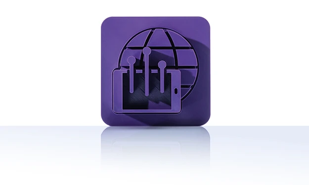Le symbole est violet unicolore et représente un smartphone ou une tablette devant un globe stylisé avec des lignes de grille. Des lignes avec des points à l'extrémité s'élèvent de l'appareil mobile. Il est représenté dans un carré aux coins arrondis. Cette icône représente le module Applications mobiles de crossbase.